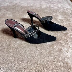 Stuart Weitzman Black Stiletto Mules w/ Rhinestone Straps 4.5 Inch Heel